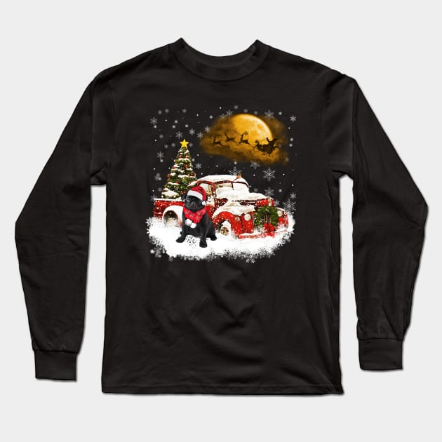 Red Truck Xmas Tree Black Pug Christmas Long Sleeve T-Shirt by Benko Clarence